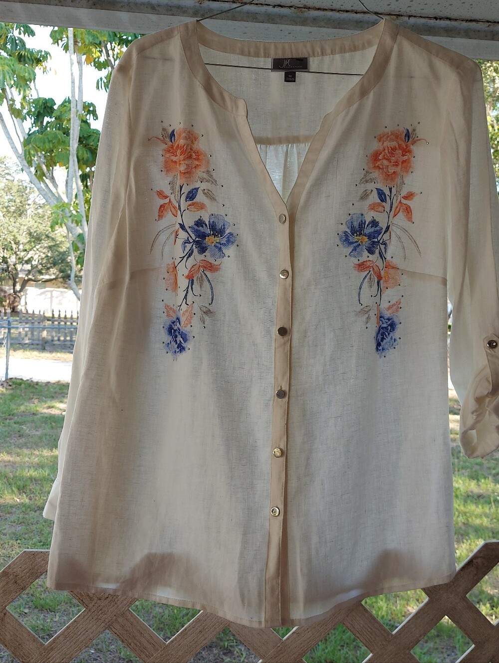 100% Linen JM Linen Collection Cream Button-Front Top with Blue and Coral